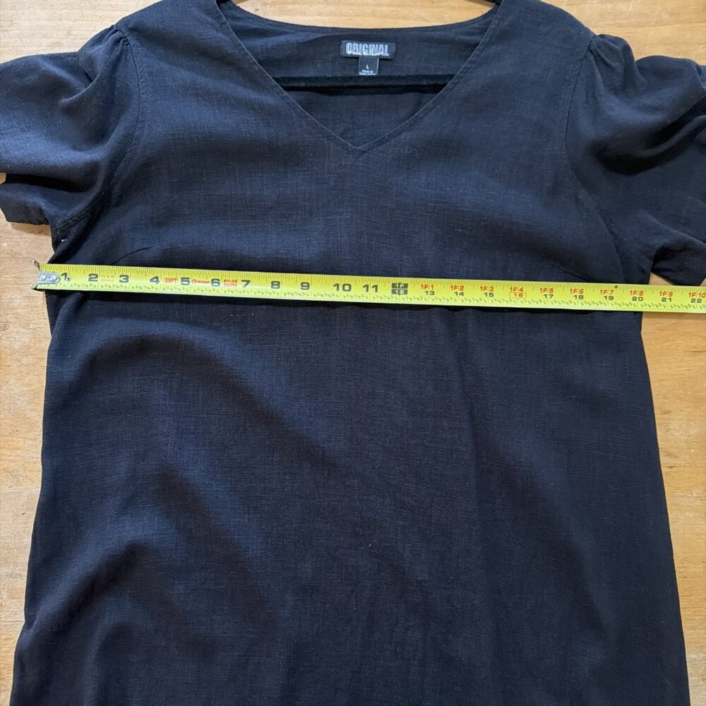 Nicole Miller Original Black Dress Linen Blend Minimalist V-Neck L Pintuck Hem - Picture 5 of 10
